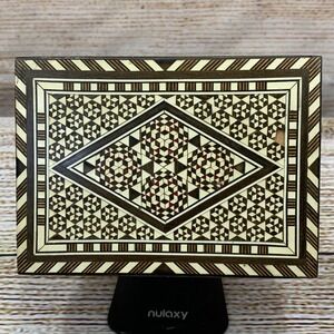 Vintage Inlaid Wooden Box with Geometric Pattern Red‎ Velvet Lining